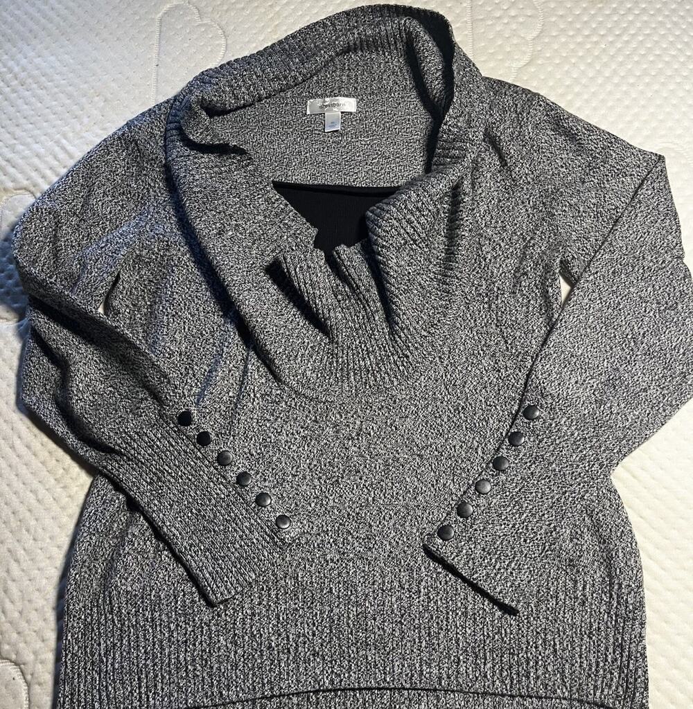 Dressbarn Women’s XL Gray Marled Knit Cowl Neck Sweater Button Sleeve Pullover